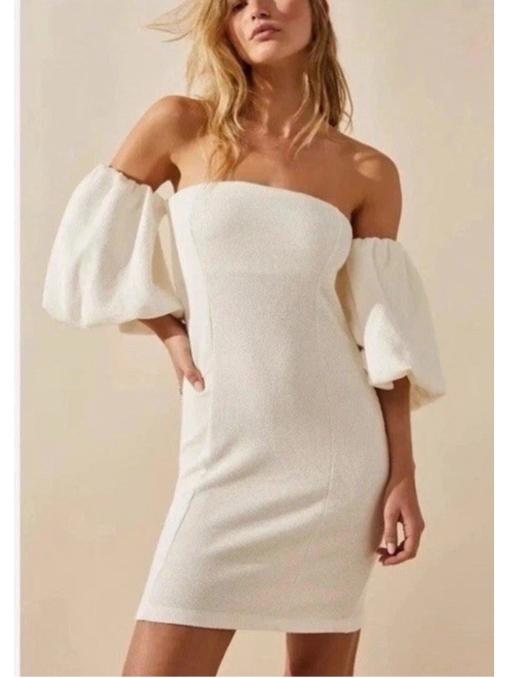 Free People Beach Bubbly Ribbed Knit Mini Dress Small Ivory Puff Drop Slv Party